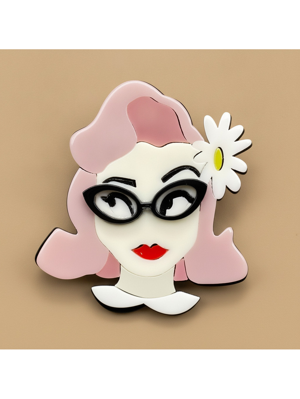 Stylish Pink Hair Woman Brooch with Glasses and Daisy Flower
